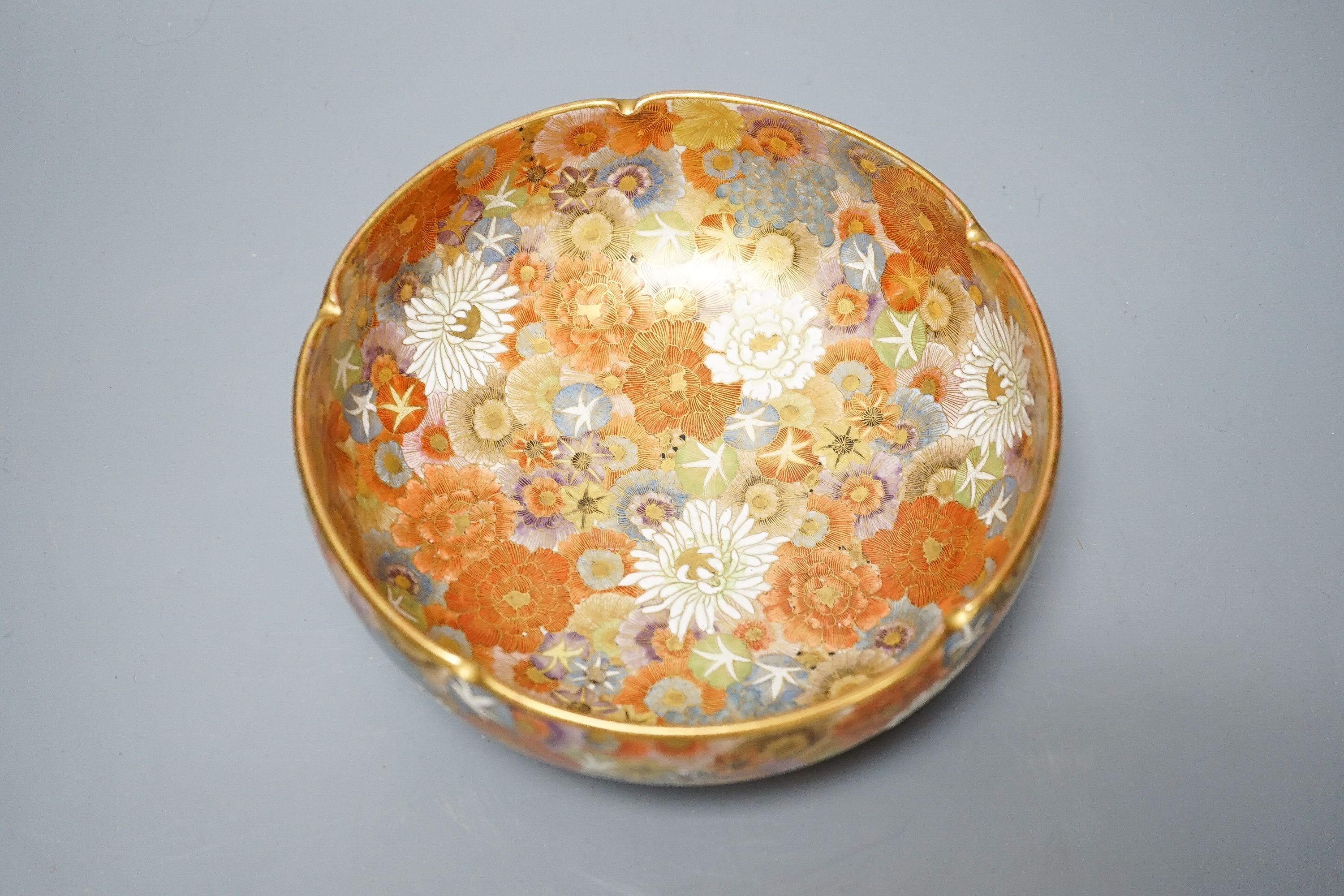 A Japanese satsuma ‘thousand flower’ bowl, signed, 18cm